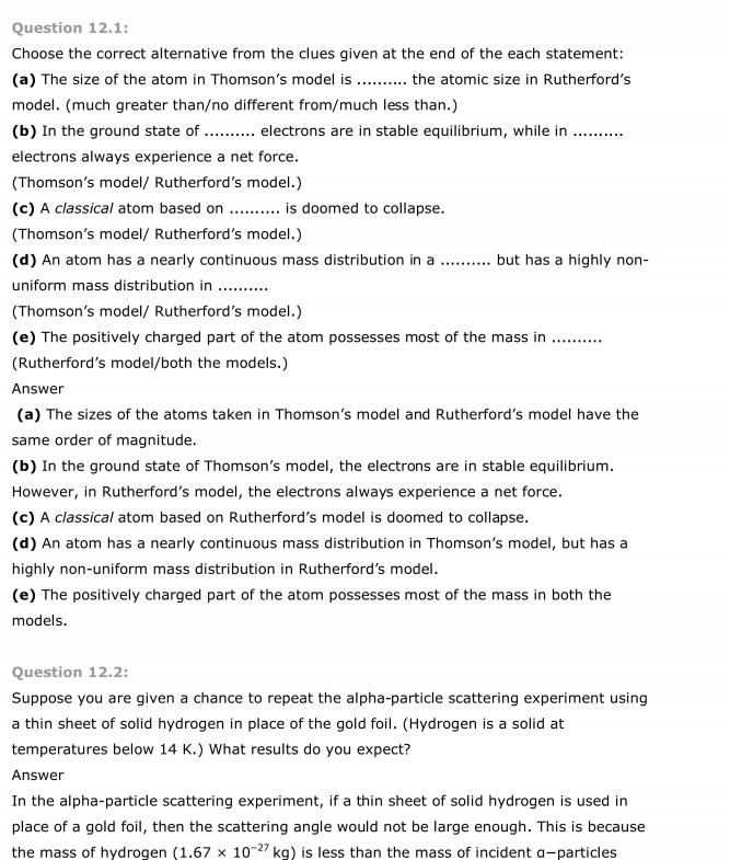 NCERT Solutions For Class 12 Physics Chapter 12 Atoms 1