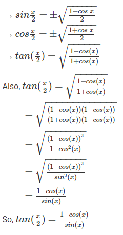 Trigonometric Formulas Half Angle Identities