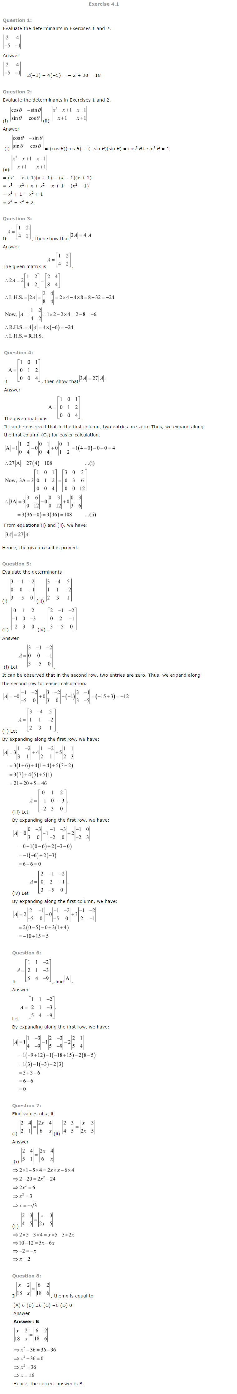 NCERT Solutions for Class 12 Maths Chapter 4 Determinants 1