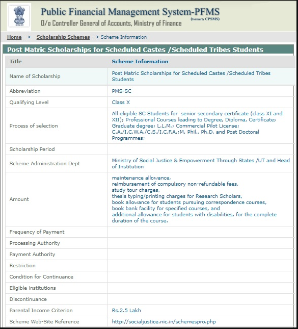 PFMS 2020 Post Matric Scholarship for SC Students
