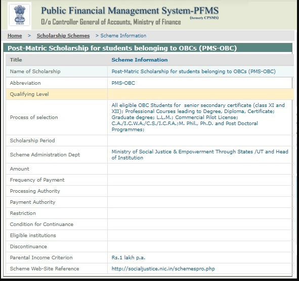 pfms.nic.in scholarship for Post-Matric Scholarship for OBCs