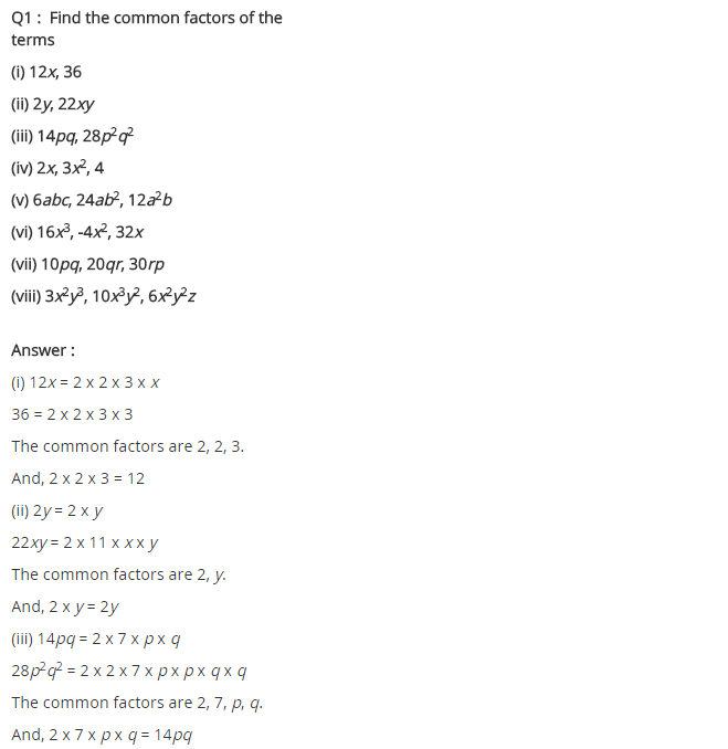 NCERT Solutions for Class 8 Maths Chapter 14 Factorisation Ex 14.1 Q1