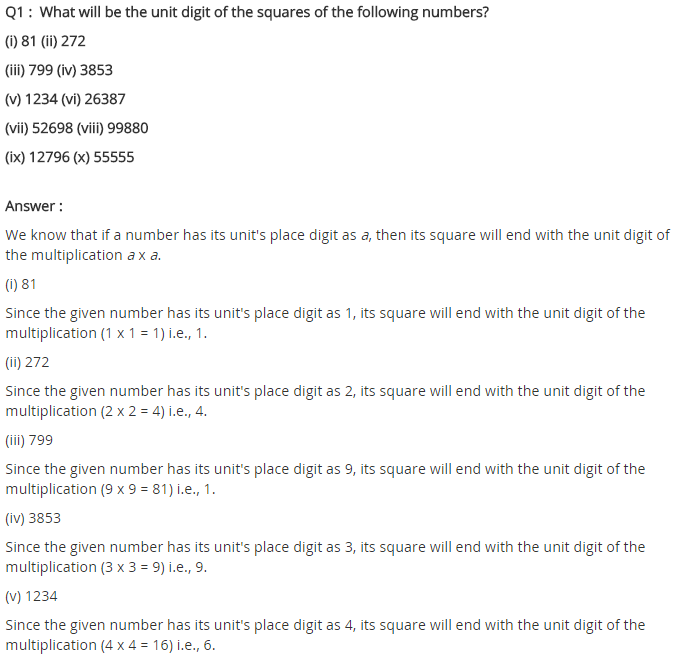 NCERT Solutions for Class 8 Maths Chapter 6 Squares and Square Roots Ex 6.1 Q1