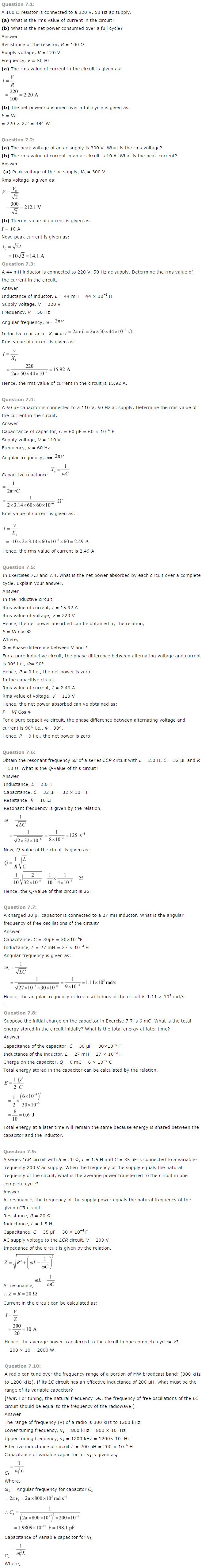 NCERT Class 12th Physics Solutions Chapter 7 Alternating Current 1